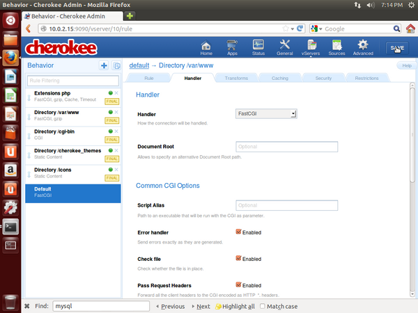 Cherokee Save Settings