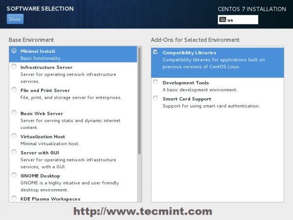 Select CentOS 7 Minimal Install
