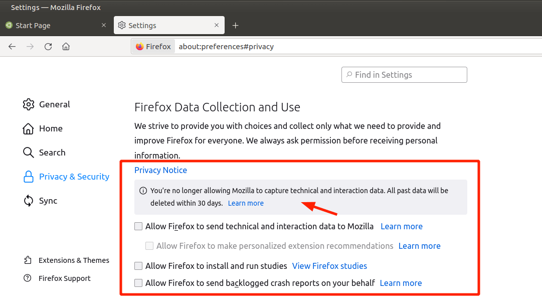 Disable Firefox Data Collection