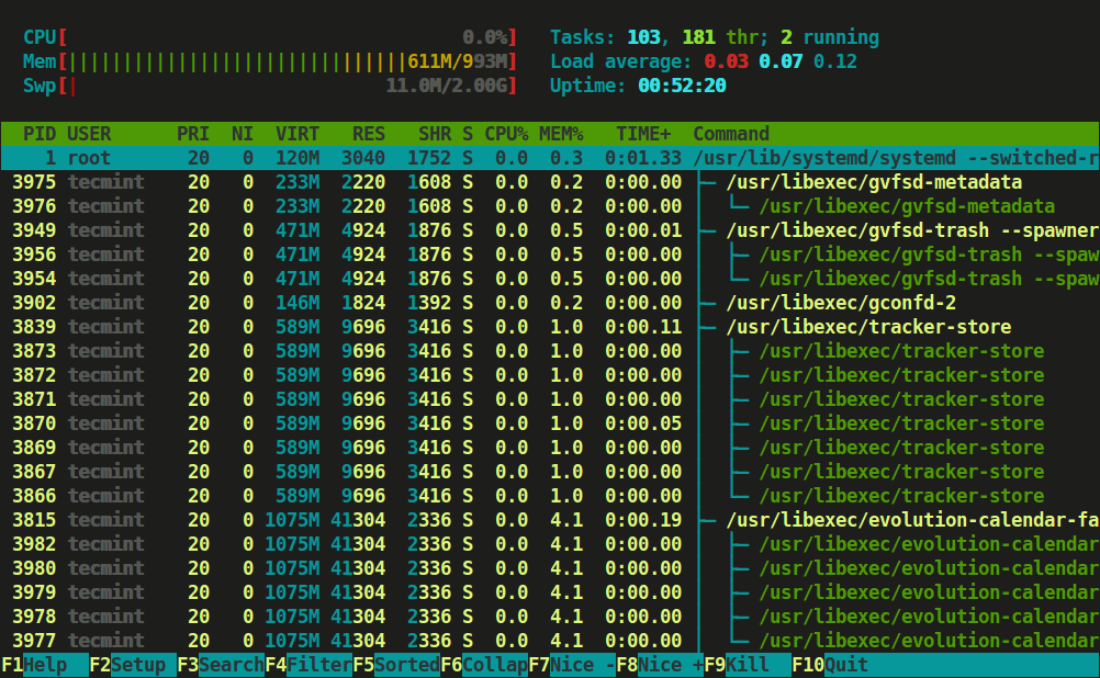 Widok procesu Htop w formacie drzewa