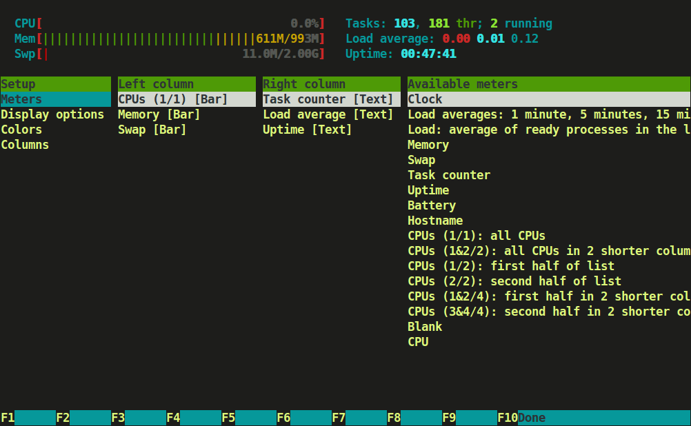 Htop beállítási képernyő