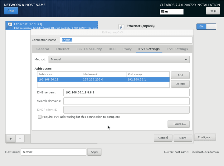 ClearOS Configure Static Network