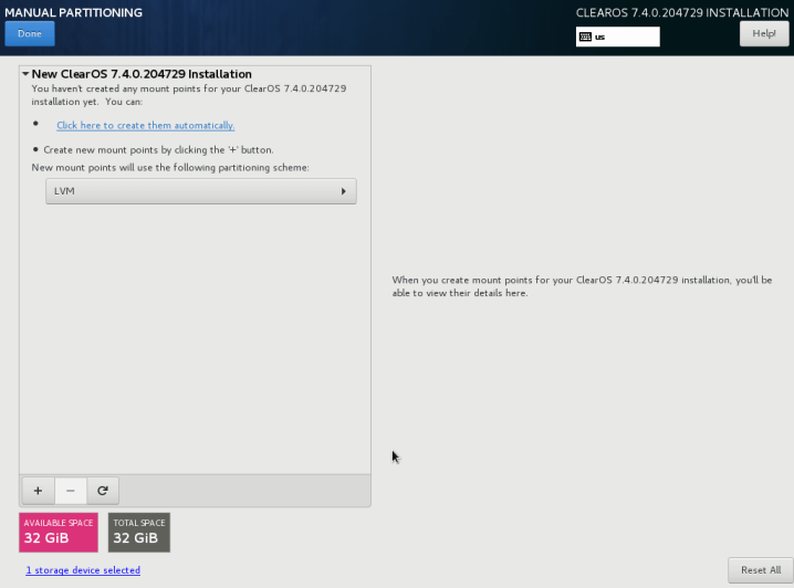 ClearOS Manual Partitioning