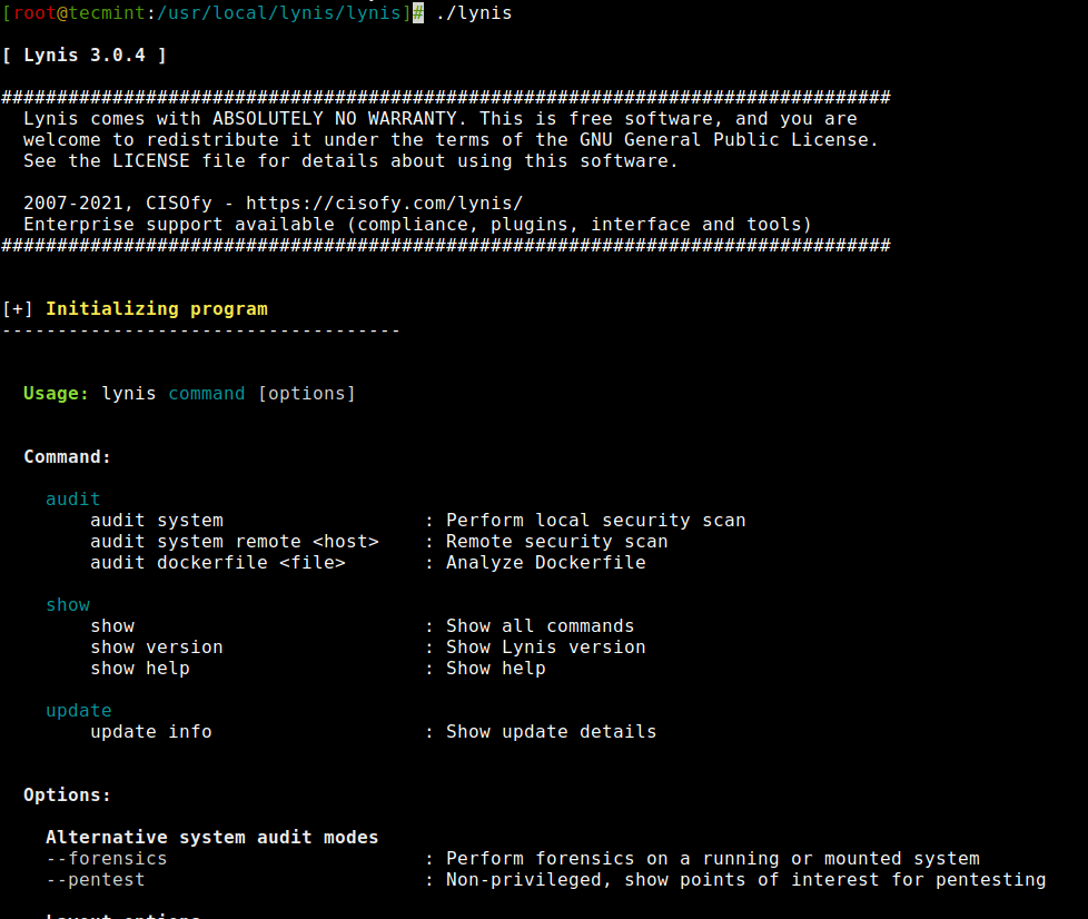Lynis Basic Options and Help