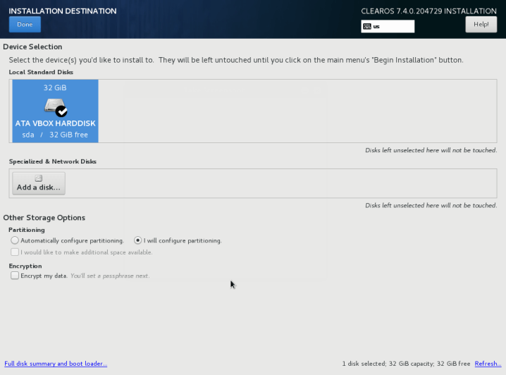 Select ClearOS Installation Destination