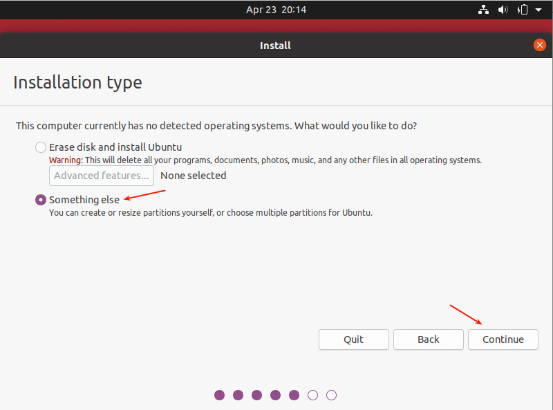Elija el tipo de instalación de Ubuntu 