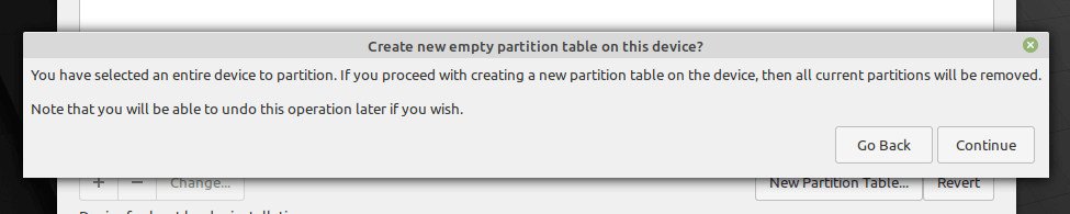 Confirm Create New Partition Table