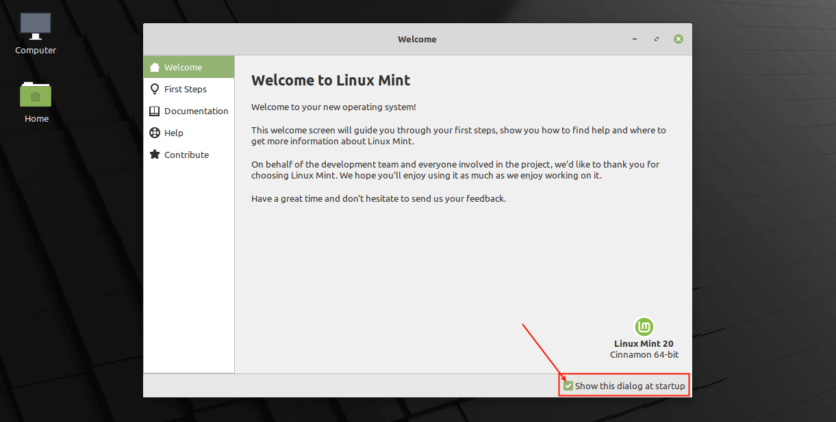 Linux Mint 20 Welcome Screen