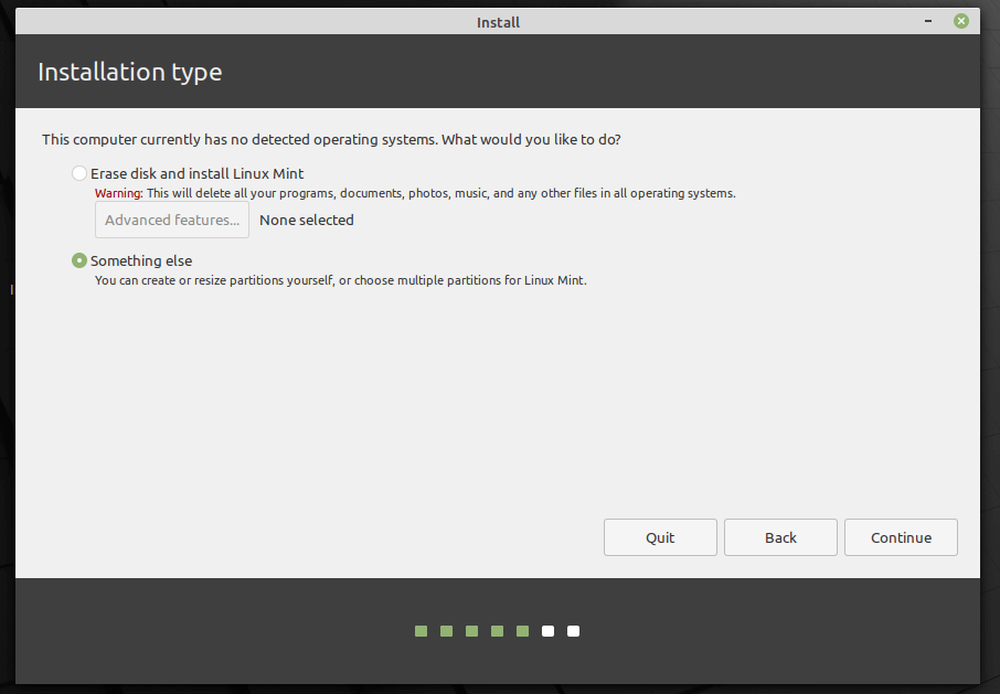  elija Linux Mint 20 Tipo de instalación 