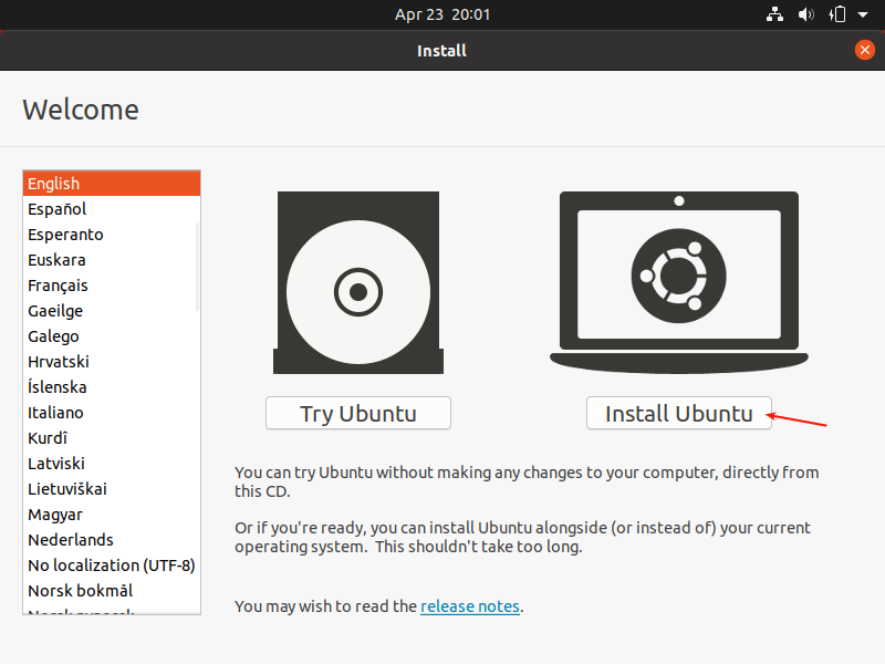 Select Install Ubuntu