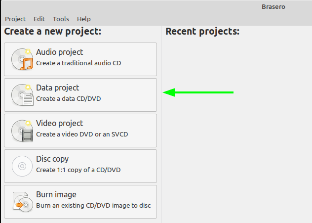 Brasero Create Data CD and DVD