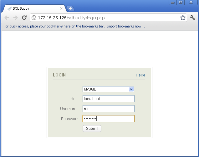 SQL Buddy-Anmeldebildschirm 