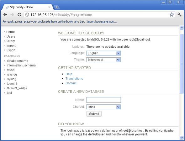 sql buddy welcome page