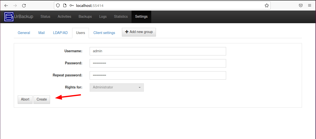 Create Urbackup Admin