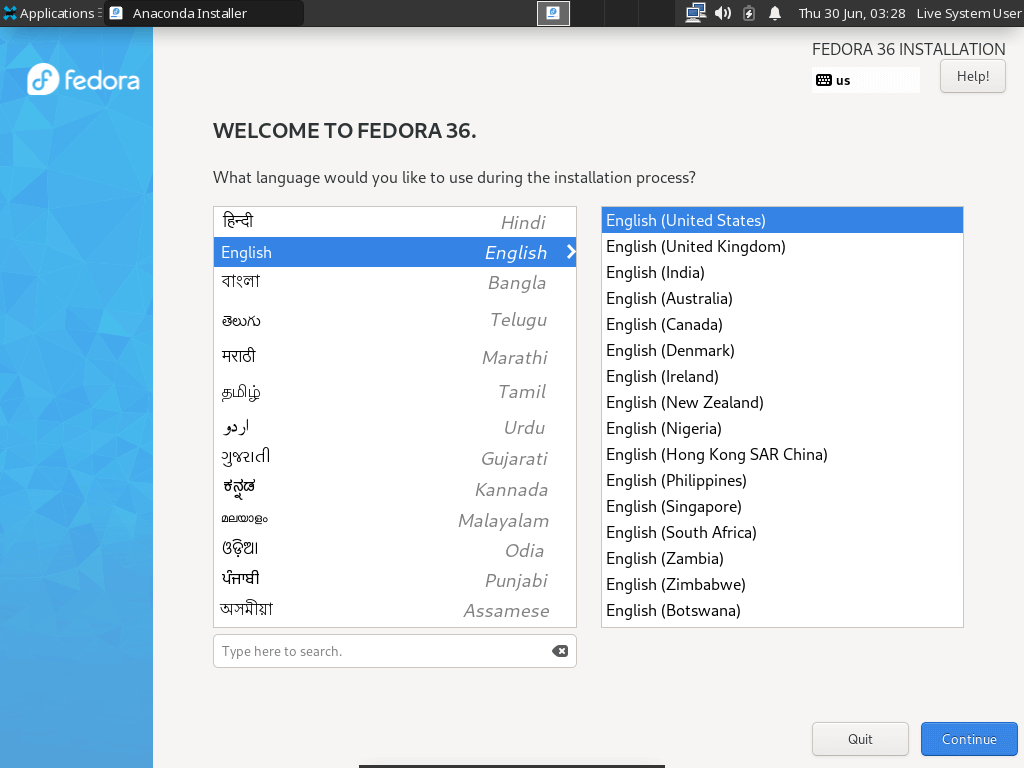 Choose Fedora Install Language