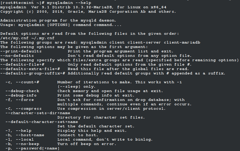 mysqladmin Command Help