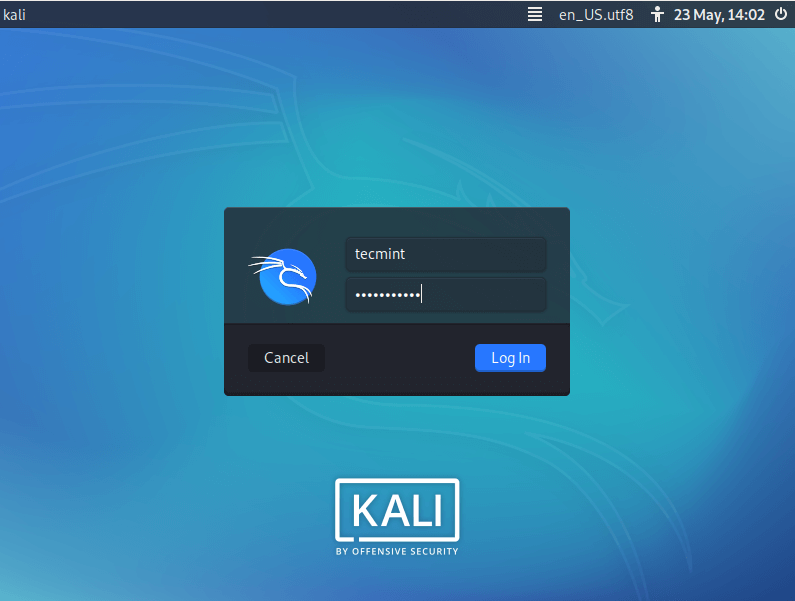 Pantalla de inicio de sesión de Kali Linux 