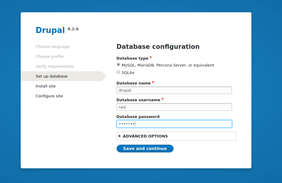  Configuración de la base de datos Drupal 