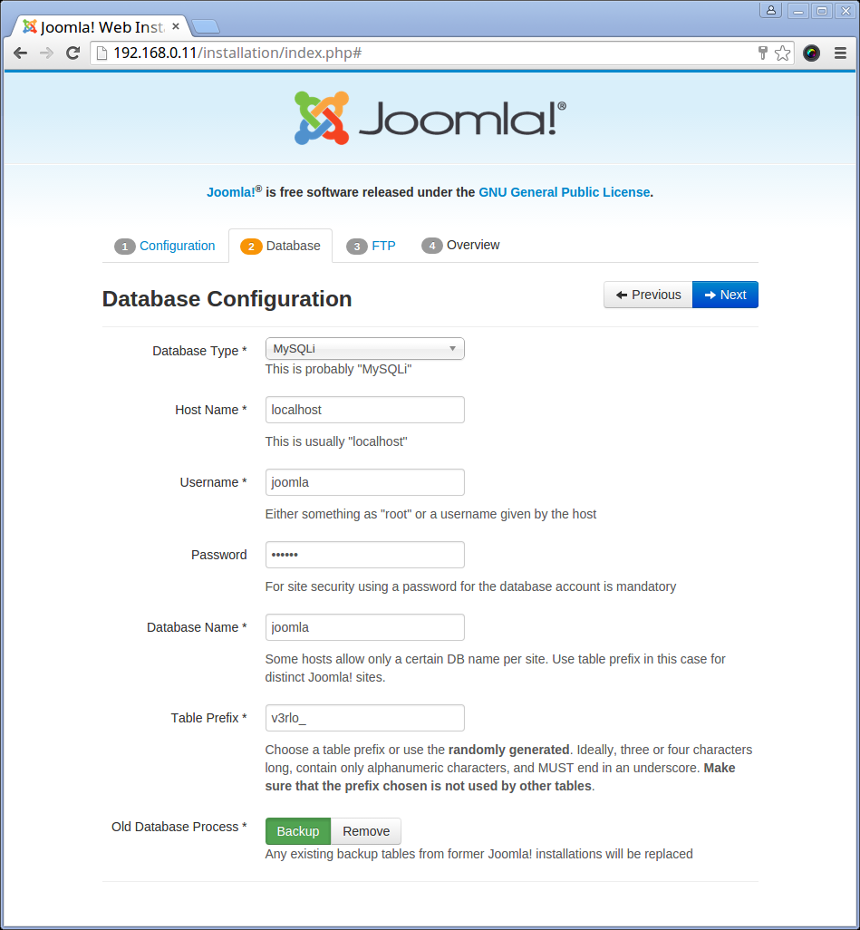  Configuración de la base de datos Joomla 