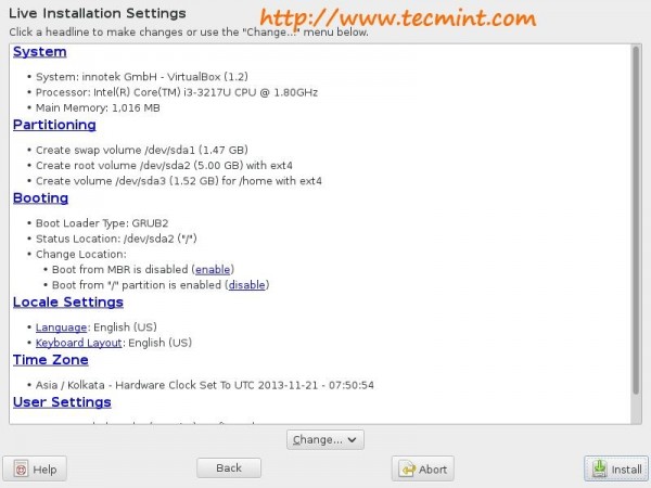 Live Installation Settings