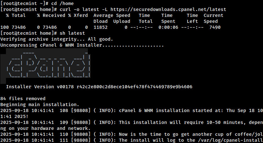 Ausführen des Cpanel-Installers