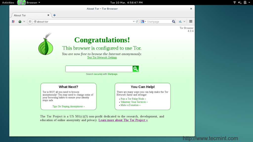 Tor Welcome Screen | Tecmint: Linux Howtos, Tutorials & Guides