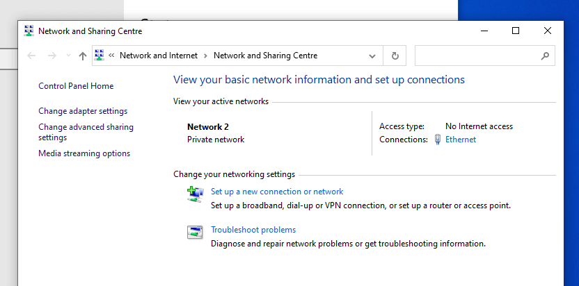 Windows Network Sharing Centre