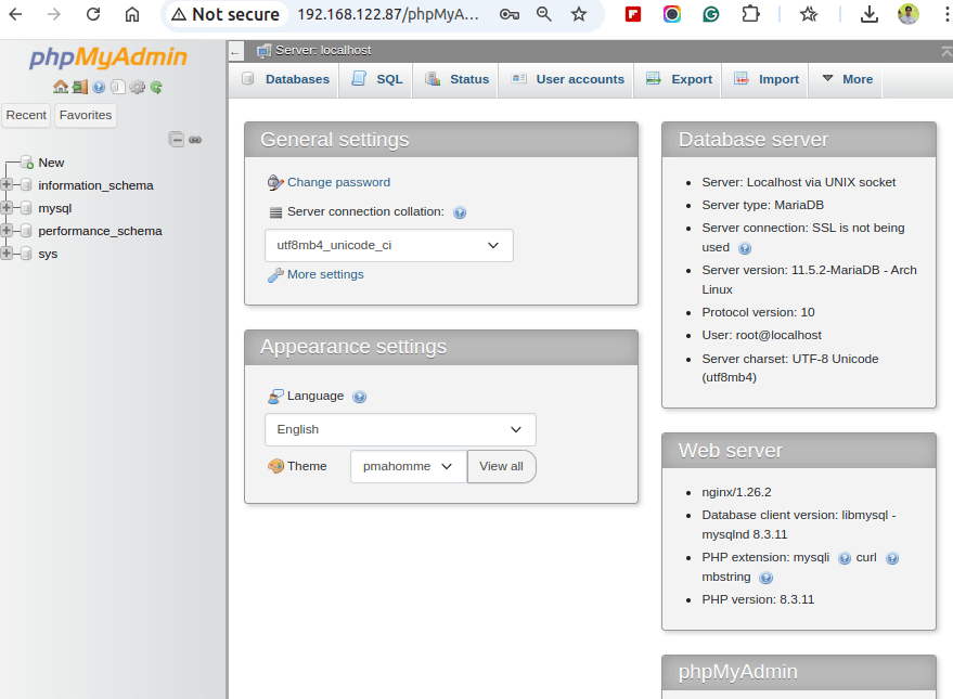 Access PhpMyAdmin in Arch Linux