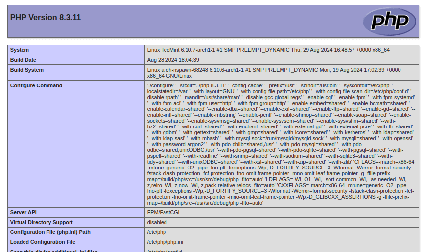 Check PHP Info in Arch Linux