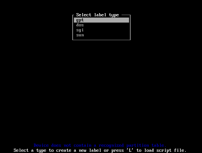 Select Arch Linux Label Type
