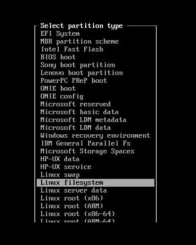 Seleccione el Sistema de Archivos Linux