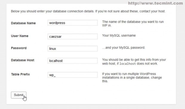 Enter WordPress Database Details