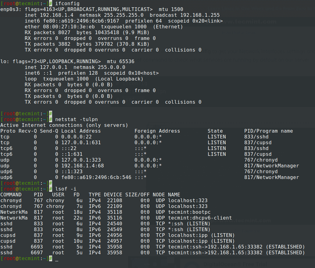 verificar o estado das Interfaces de rede e dos Serviços