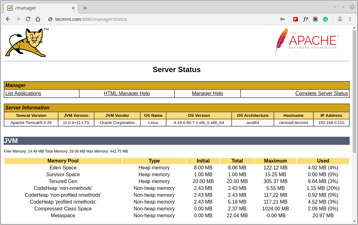 Überwachen Sie den Apache Tomcat-Serverstatus