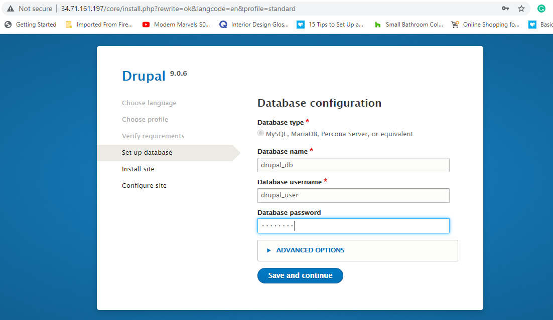 Establecer la configuración de la base de datos Drupal 