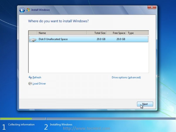 Select Drive to Install Windows 7