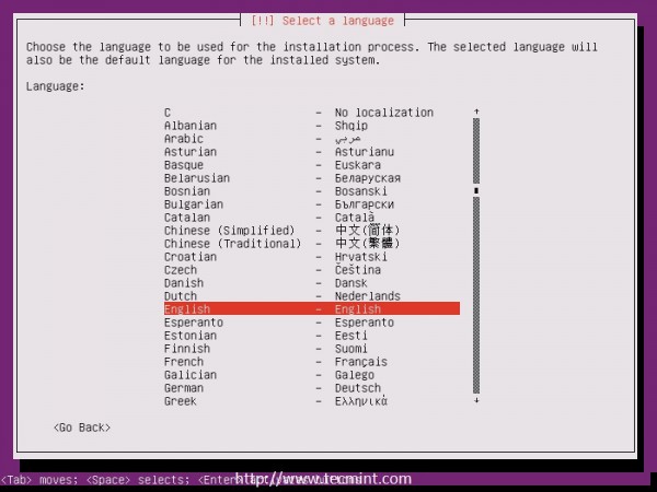 Select Ubuntu Installation Language