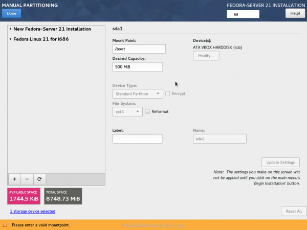 Fedora 21 Manual Partitioning