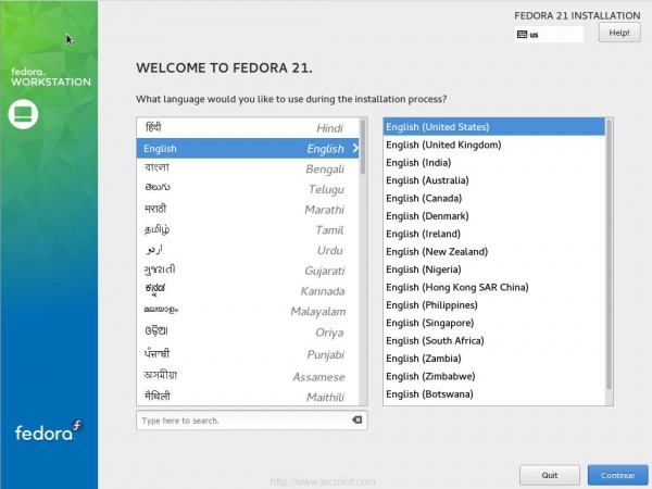 Choose Fedora 21 Language