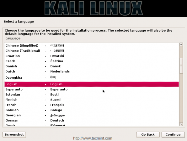 Choose Kali Linux Installation Language