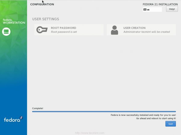 Fedora 21 Installation beendet