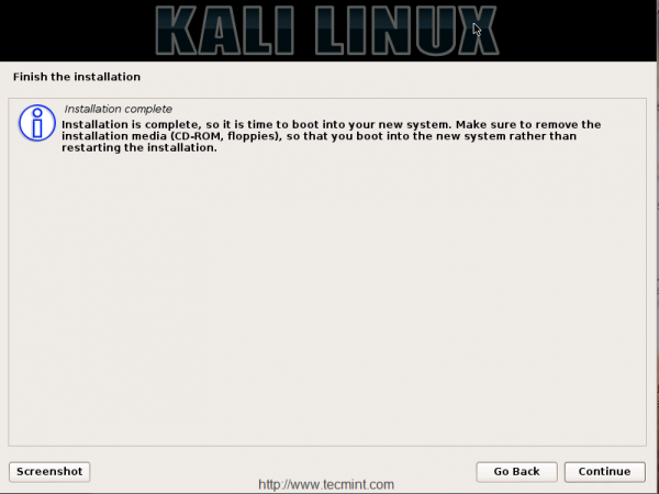 Kali Linux Installation Finishes