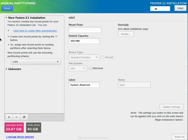  Sélection Manuelle des partitions pour Fedora 21 