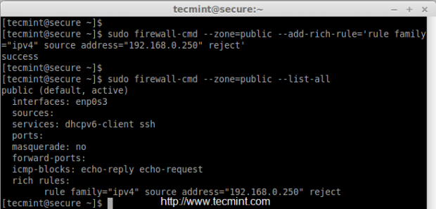 Reject IP Address in Firewalld