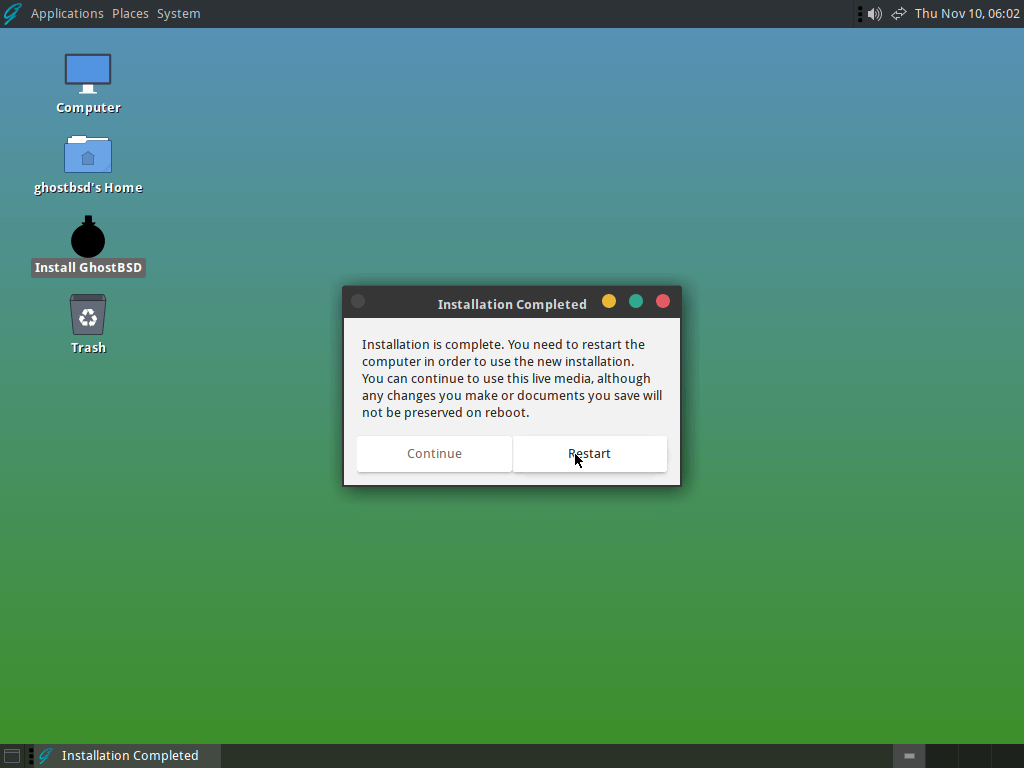 GhostBSD Installation Finishes