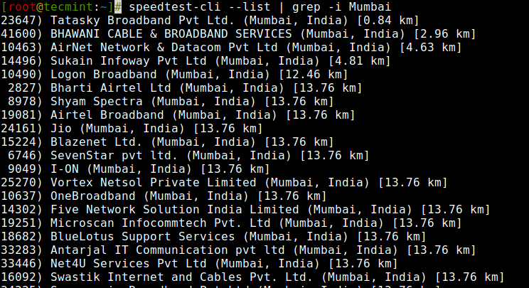 List Nearest Speedtest Servers