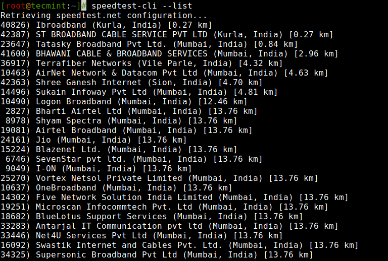 Lista del servidor de prueba de velocidad