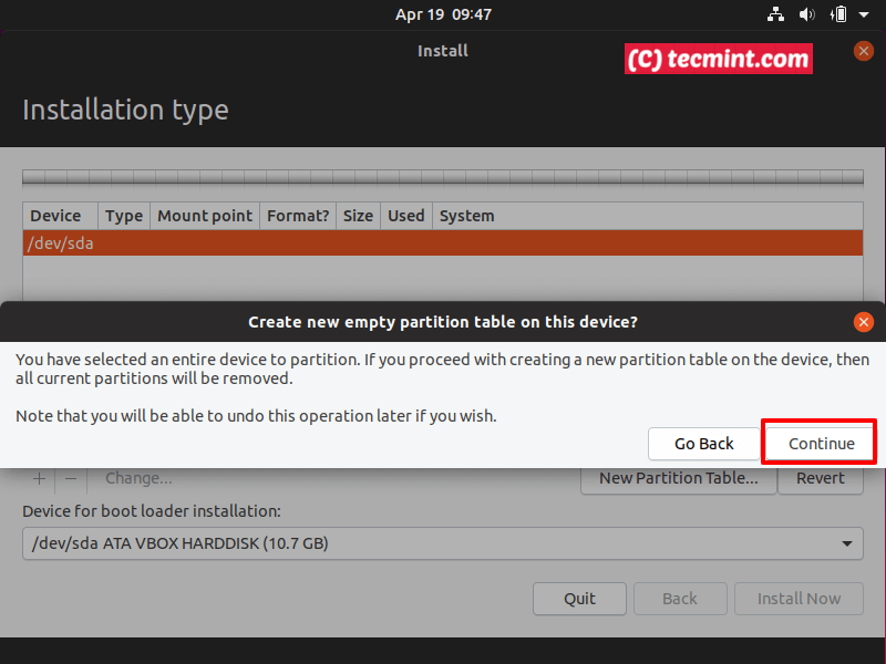 Create New Partition Table