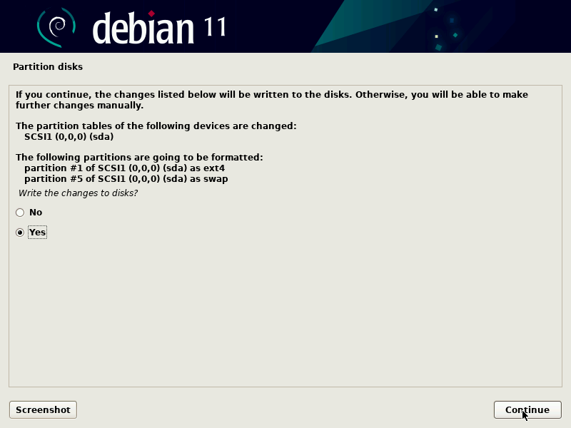 Confirme los cambios en la partición del disco duro de Debian