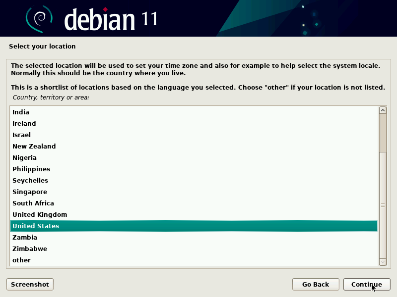 Elegir la ubicación de Debian
